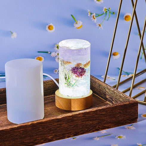 Honoson 3 Pieces Cylinder Light Resin Silicone Mold Set, Include Resin Mold and USB Powered Wooden Lighted Base Stand for DIY Table Candle Desktop...