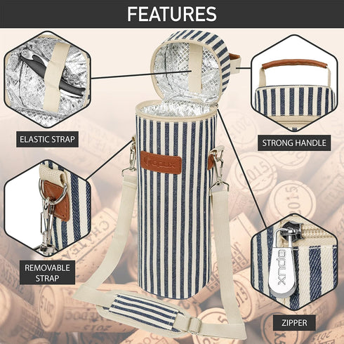 opux Wine Bag Single Bottle Carrier Tote, Insulated Wine Cooler Bag for Travel Picnic Beach with Shoulder Strap, Thermal One Bottle Holder Carryin...