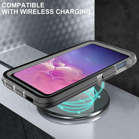 Galaxy S10E Case: 3-in-1 Shockproof Heavy Duty Protection, 2 Nano Explosion-Proof Films, Black/Grey...