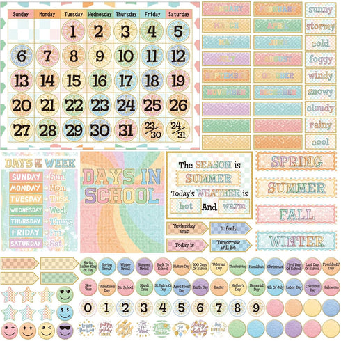 162 Pcs Pastel Checkerboard Classroom Calendar Bulletin Board Set for Teachers Seasons Weather Days of the Week Chart Bulletin Board Calendar Set ...