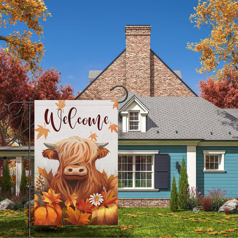 Welcome Fall Highland Cow Garden Flag 12x18 Inch Double Sided Burlap, Farmhouse Pumpkins Cow Yard Decor Seasonal Flowers Porch Flag for Rustic Aum...
