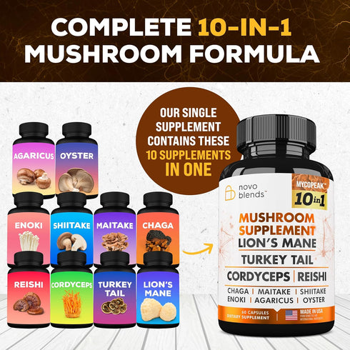 Mushroom Supplement 10x Complex - Lions Mane, Turkey Tail, Cordyceps, Reishi, Chaga, Maitake, Shiitake, Oyster Extract Mushrooms - Nootropic Brain...
