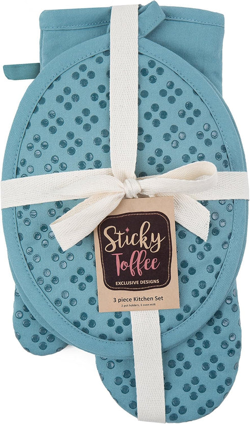 Sticky Toffee Oven Mitt and Pot Holder Set of 3 – Blue Non-Slip Kitchen Hot Pads and Mitts with Silicone Grip, 100% Cotton Shell, Oeko-Tex Cotton...
