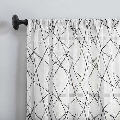 No. 918 Fraction 2-pack Mid-Century Modern Geometric Embroidery Semi-Sheer Rod Pocket Curtain Panel Pair, 50" x 84", Black...