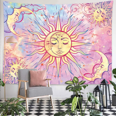Ohjijinn Pastel Pink Burning Sun Tapestry - Mystic Celestial Sun and Moon with Stars - Psychedelic Hippy Tie Dye Wall Hanging for Party Home Decor...