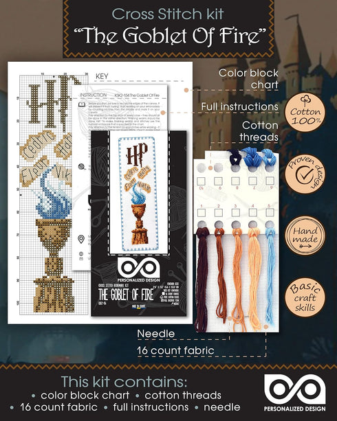 Personalized.Design Counted Cross Stitch Bookmark Kit ‘Goblet of Fire' - DIY Hand Embroidery Kit...