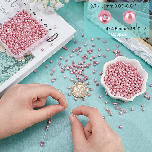 PH PandaHall 1000 Pcs Glass Pearl Beads, 4mm Pearl Bead Pink Smooth Craft Beads Round Loose Spacer Beads for Earring Bracelet Necklace Waist Chain...