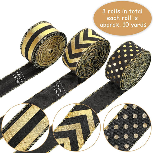 1.5 Inch Wedding Ribbon Wired Burlap Stripes Ribbon for Wreath Stripes Dots for Christmas Anniversary Bachelor Party Decor Craft, 3 Rolls (Black a...