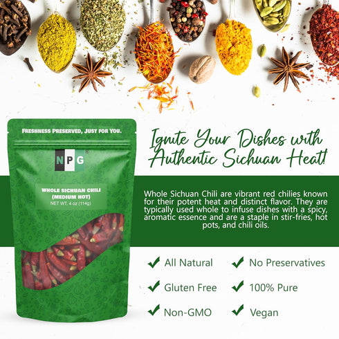NPG Sichuan Red Chili Peppers 4 Ounces, Medium Hot, Premium Szechuan Dried Red Chilies for Chili Oil, Paste, and Sauce, Used in Mexican, Chinese, ...