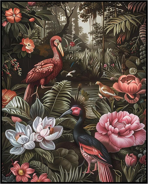 Posterizer 1 pcs-lush big flowers-birds and flamingos-Floral & Botanical Art-Abstract & Modern Art-Decor for Home & Office- UNFRAMED Wall Art...