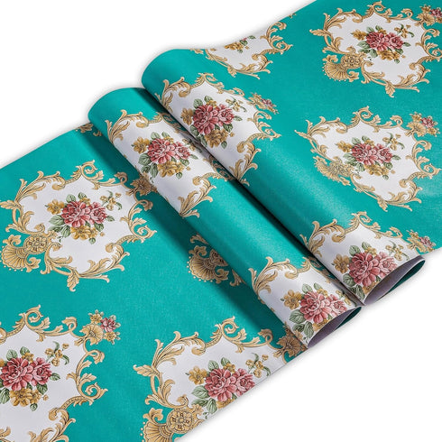 5482 Luxury Damask Peel and Stick Wallpaper 17.7"× 9.8ft Cyan Peony Floral Self Adhesive Contact Paper Removable Damask Furniture Decorative Paper...