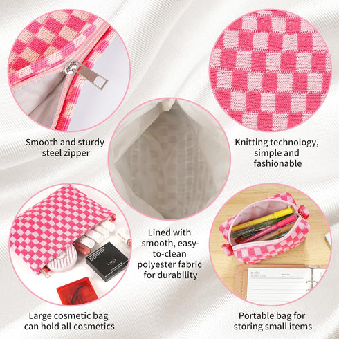 2-Pack Makeup Bag For Women - Large Checkered Knitted Cosmetic Bags&Small Makeup Pouch Aesthetic Design Travel Toiletry Bag Skincare Bag Car Stora...