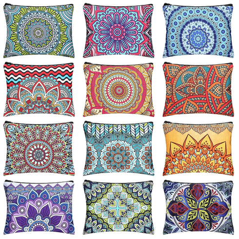 Kajaia 12 Pcs Mandala Makeup Bag Bulk Canvas Cosmetic Bag for Purse Toiletry Pouch with Zipper Travel Preppy Makeup Organizer 9.25 x 6.9 Inch Mand...