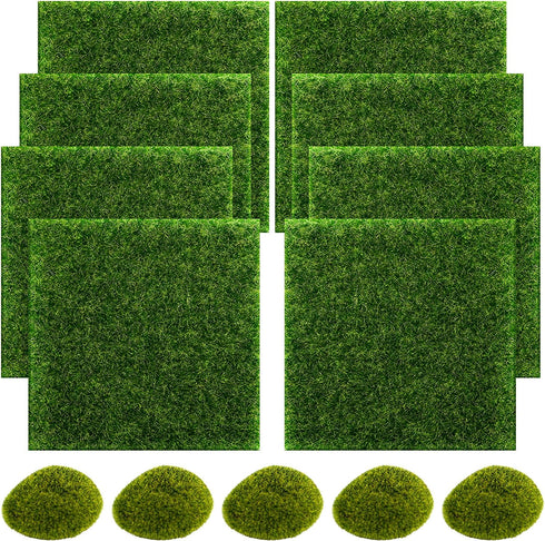 SNAIL GARDEN Fairy Artificial Grass, 8Pack Life-Like Garden Lawn with 5Pcs Artificial Moss Rocks-Miniature Ornament Garden Fairy Accessories for G...