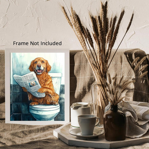 Posterizer 1 pcs-drawing style art-funny dog on toilet reading newspaper 1-Bathroom Restroom Art-Art for Animal Lovers-Decor for Home & Office- un...