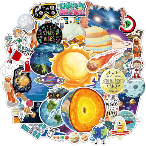 65pcs Space Vinyl Stickers Pack for Laptop Water Bottle, Solar System Stars Planets Waterproof Stickers for Kids Teachers Students, Astronaut Gala...