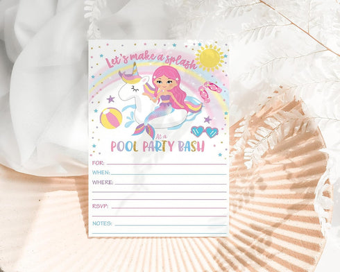Your Main Event Prints Mermaid Unicorn Pool Party Birthday Invitations - Summer Pool Party Bash - Splash Pad, Water Park Invites - 20 Fill-In Unic...