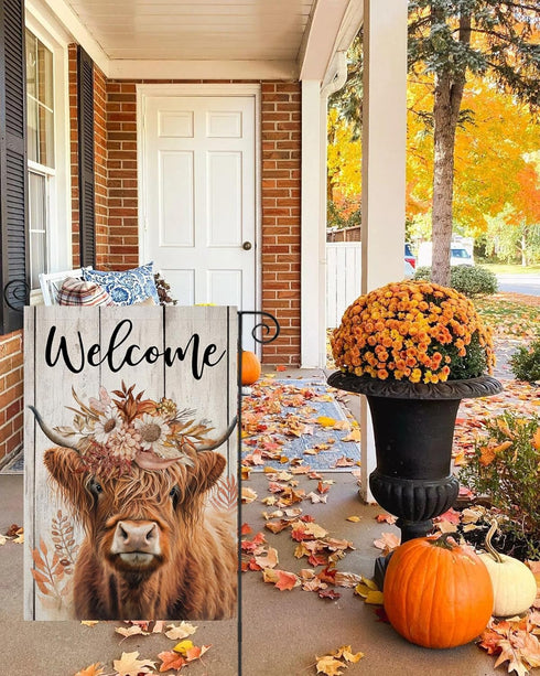 Welcome Fall Garden Flags for Outside Decorations, Thanksgiving Highland Cow with Flowers Maple Leaves Small Yard Flag, Harvest Autumn Seasonal Fa...