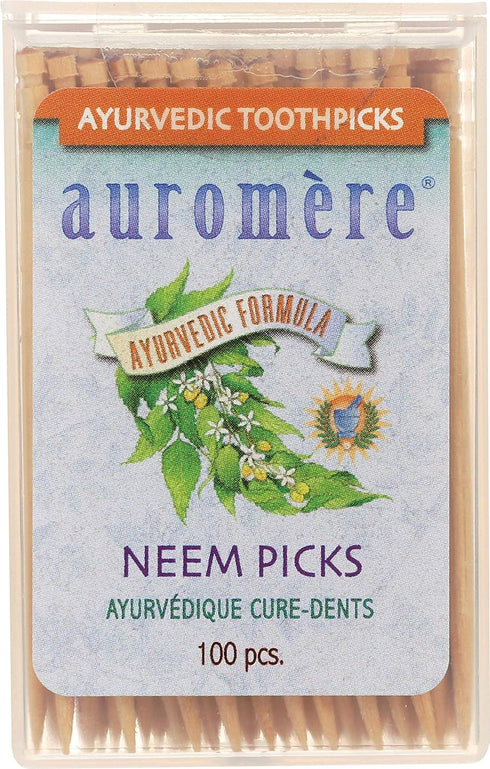 Auromere Ayurvedic Neem Toothpicks - Vegan, Natural, Non GMO, Made from Birchwood (100 Count) (1 Pack)...