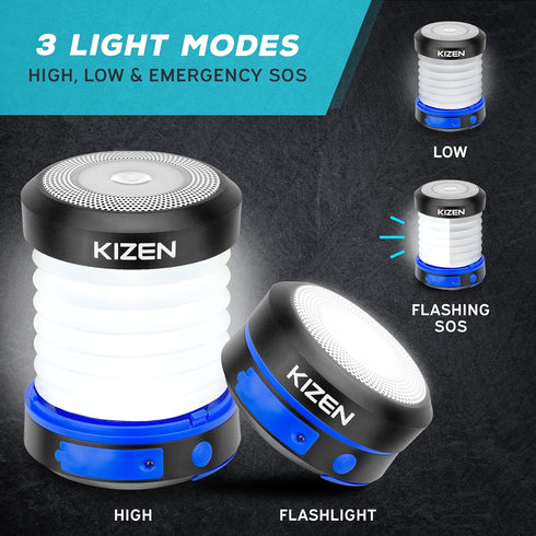KIZEN Solar Camping Lantern - LED Lanterns for Power Outages, Camping Lights, Emergency Flashlight - Collapsible Lamp, Rechargeable W/ Solar or Pl...