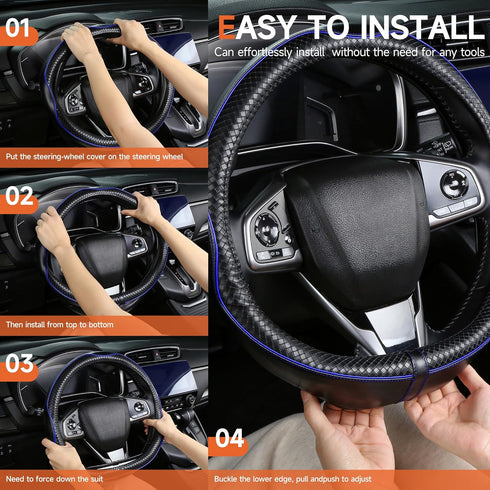 Leather Steering Wheel Cover?Black with Blue line?Anti-Slip, Safety, Soft, Sports Style, Black Steering Wheel Cover, Adaptable to 14.5-15 inches S...