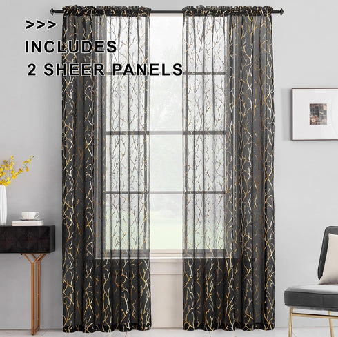 FINECITY Black Gold Sheer Curtains for Bedroom - Metallic Gold Foil Tree Branch Black Sheer Curtains 63 Inch Length Black and Gold Window Curtain ...