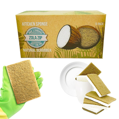 Natural Kitchen Sponges Compostable Cellulose and Coconut Scrubber Sponge Pack 6 Eco Walnut 100% Coconut Sponge Eco Friendly Biodegradable Non Scr...