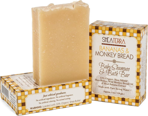 Shea Terra Organics Mama and Baby Collection | Bananas & Monkey Bread Baby Shampoo & Bath Bar| Non Toxic All Natural Cleanser with Baobab and Shea...