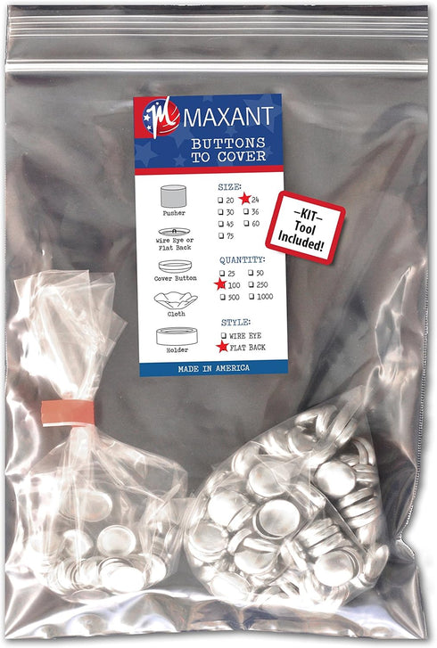 100 Cover Buttons by Maxant - Made in The USA - #24 (5/8") with flat backs, ideal for crafting. includes tool....