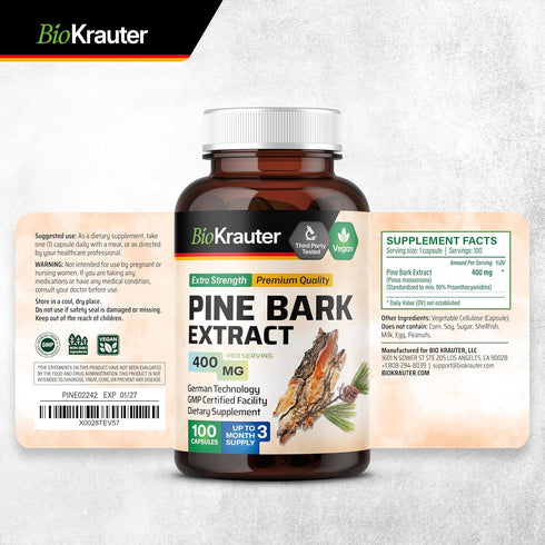 BIO KRAUTER Pine Bark Extract Capsules 400 mg - 100 Count - Antioxidant Supplement - 95% Proanthocyanidins - Pine Bark Supplement - Vegan, No Fill...