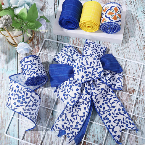 Boho Wired Edge Ribbon Blue Yellow Stripe Plaid Floral Leaves Fabric Craft Ribbon for Wedding Birthday Bridal Shower Wreath Bow Making, 4 Rolls, 2...
