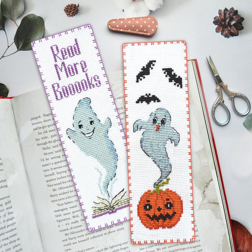 Povitrulya Counted cross Stitch Bookmark Kit 'Pumpkin Ghost' - DIY Embroidery set for Adults with Paper pattern, 16-count Aida Canvas and Presorte...