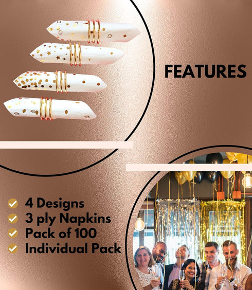 100 PK Gold Napkins - 4 Assorted Designs - 3-Ply Cocktail Napkins Folded 5 x 5 Inches Bar Napkins Disposable Party Napkins Paper Napkins Dinner fo...