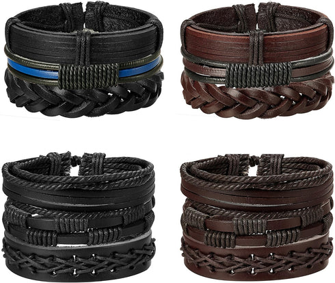 Jstyle 12Pcs Braided Leather Bracelet for Men Women Cuff Wrap Bracelet Adjustable Black and Brown (A:12Pcs)...