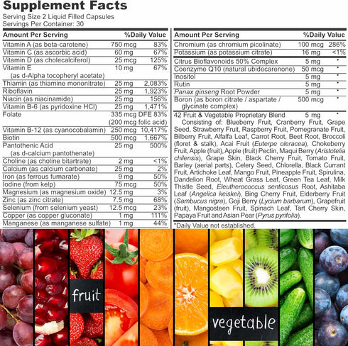 Halal Complete Multivitamin Capsules for Adults Men & Women | 42 Fruit & Vegetable Blend with Iron, Zinc, CoQ10, Folic Acid, and Vitamin A, B1, B3...