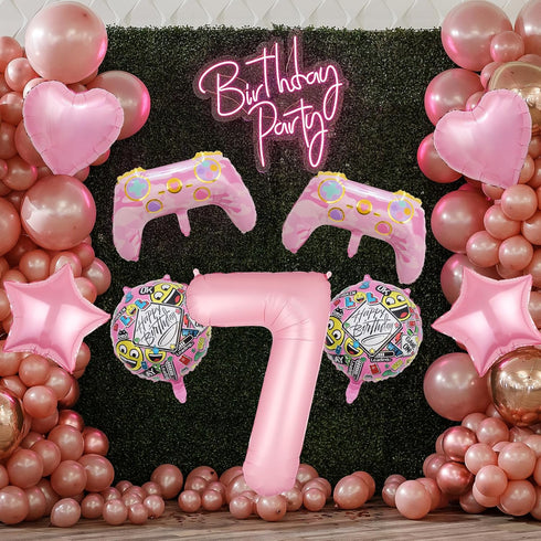 Pink Video Game Balloons, Video Game Controller Birthday Number Mylar Foil Balloon, Level Up Balloons for Girls Game On Birthday Decorations Video...