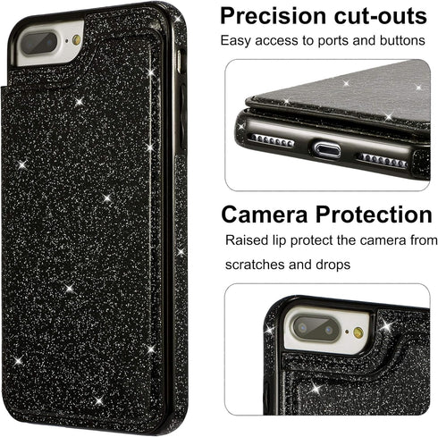 UEEBAI Case for iPhone 7 Plus 8 Plus, Premium Glitter PU Leather Case Back Wallet Cover with Two Magnetic Clasp, Card Slots, Stand Function, Durab...