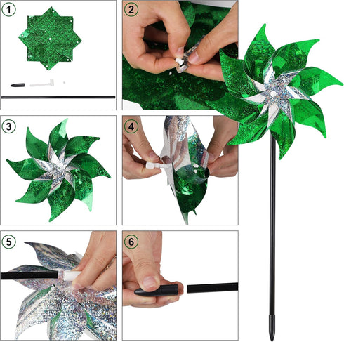 Hausse 10 Pack Reflective Pinwheels Holiday Decor, Extra Sparkly Wind Sculptures for St. Patrick's Day Decorations Party Supplies, Deterrent to Sc...