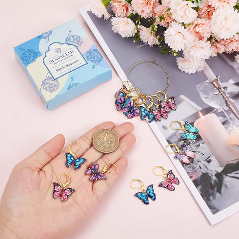 SUNNYCLUE 1 Box 20Pcs Stitch Markers Crochet Stitch Marker Butterfly Enamel Cute Charms Removable Leverback Clasp Charm Locking Metal Knitting Mar...