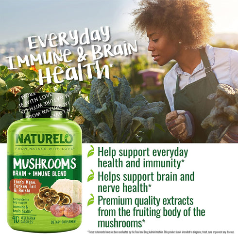 NATURELO Mushroom Supplement – Brain & Immune Health Blend with Lion’s Mane, Reishi, Turkey Tail – 90 Vegan Friendly Capsules...