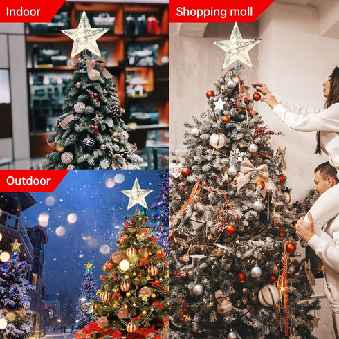 Christmas Tree Topper Star, Callenbach Led Metal Star Light Up Xmas Decorations Christmas Tree Bow Top Lighted Glitter Ornaments 10 inches Silver...