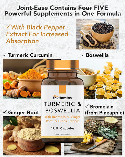 Turmeric & Boswellia Complex (180 Capsules) with Ginger Root, Bromelain, & Black Pepper Extract | Joint-Ease Formula: Powerful Joint Support Suppl...