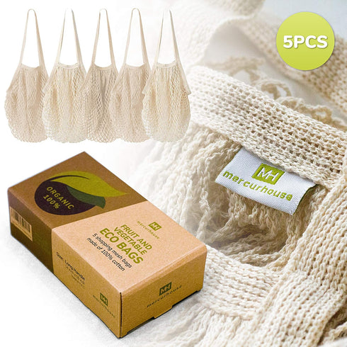 5 pack Cotton String Shopping Bags Reusable Washable Grocery Mesh Bags Organizer for Grocery Shopping Produce Net Bags with Longhandle for Fruit V...