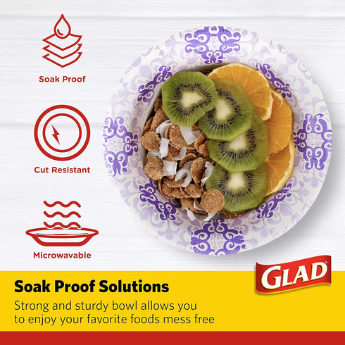 Glad Round Disposable Paper Bowls, Purple Victorian Design - Heavy Duty, Soak Proof, Cut-Resistant, Microwavable Bowl for All Foods & Daily Use, 1...