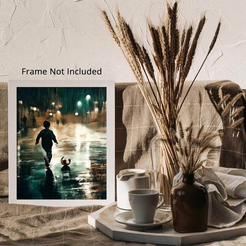 Posterizer 1 pcs-kid playing outside in the rain-poster for football soccer fans -1-Sports & Hobby Art Gifts for sports fans Decor for Home & Offi...