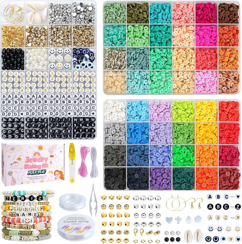 JQEEYGV Bracelet Making Kit 3 Boxes - 11,000pcs Clay Beads - 48 Fashion Colors Beads for Friendship Bracelet Kit - Polymer Heishi Letter Beads for...