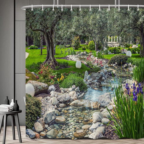 Garden Scenic Shower Curtain Colorful Flowers Green Landscape Bathroom Curtains Spring Plants Nature Scenery Country Bathtub Decor with Hooks 70 x...