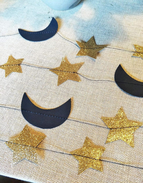 Moon and Star Garland Decorations - Navy Gold Glitter Outer Space Birthday Party Hanging Decorations for Honey Moon Wedding Engagement and Baby Sh...