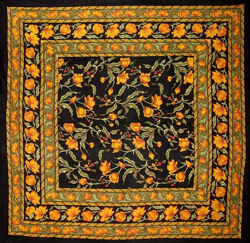 India Arts French Floral Square Cotton Tablecloth 60" x 60" Amber on Black...