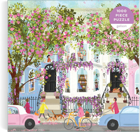 Galison Spring Terrace – 1000 Piece Joy Laforme Puzzle Featuring a Magnolia Filled Neighborhood Day On A Spring Day...